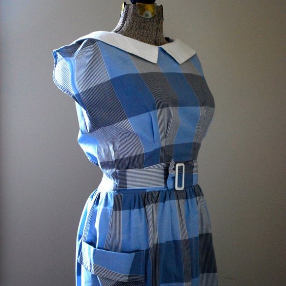 Blue & grey plaid dress w/ sailor inspired collar - Picture 6 of 12